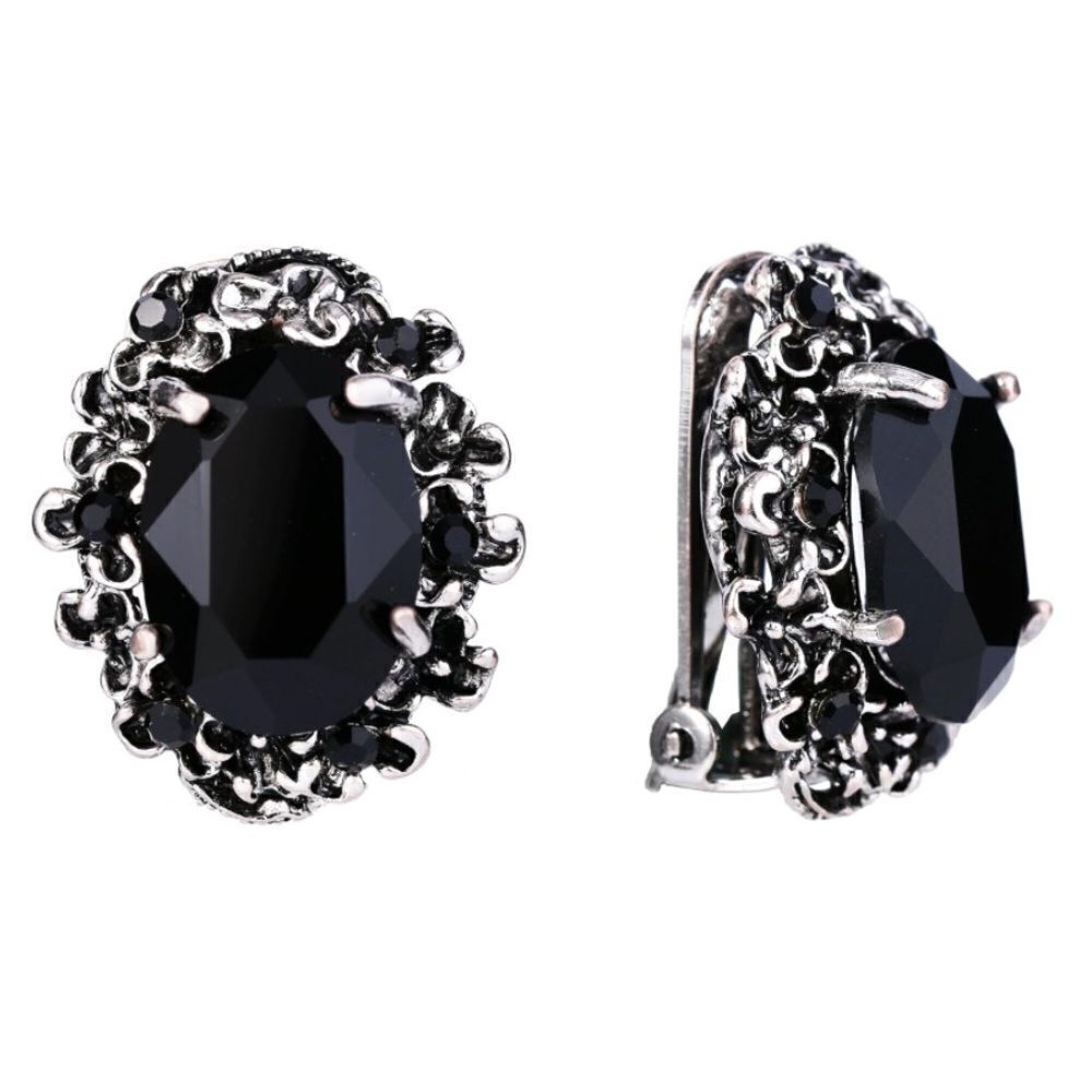 Antique Silver with Black Onyx Austrian Crystal Victorian Cameo Clip On Earrings